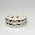 Punk style white leather bracelet featuring double rows of polished silver pyramid rivets - Double Row / White