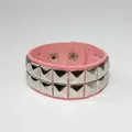 Punk style pink leather bracelet with two rows of silver square pyramid studs - Double Row / Pink