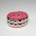 Edgy punk style hot pink faux leather bracelet featuring double rows of silver pyramid studs - Double Row / Rose Red