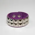 Punk purple leather bracelet with double-row silver pyramid studs and snap closure. - Double Row / Purple