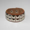 Punk brown leather bracelet featuring double-row silver square pyramid studs for men - Double Row / Dark Brown