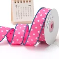 2.5cm pink grosgrain ribbon with white polka dots and blue crocheted edges for DIY hair bows - 5 Yards/Pack / Rose Red with White Dots
