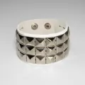 Punk white leather cuff bracelet featuring three rows of polished silver pyramid studs - Triple Row / White