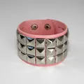 Pink leather punk bracelet with three rows of silver square rivets and snap button - Triple Row / Pink