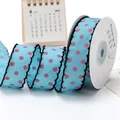 2.5cm blue grosgrain ribbon with pink polka dots and black scalloped edges - 5 Yards/Pack / Blue with Magenta Dots