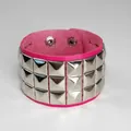 Vibrant pink punk leather bracelet featuring three rows of silver pyramid studs - Triple Row / Rose Red