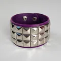 Purple punk leather bracelet featuring three rows of polished silver pyramid studs for men - Triple Row / Purple