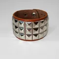 Brown leather punk bracelet featuring triple-row silver square studs and snap buttons - Triple Row / Dark Brown
