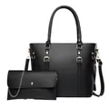 Professional shot of minimalist black large capacity tote bag and chain clutch set - 2-Piece Set (Tote + Inner Pouch) / Black