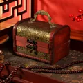 Mini vintage wooden storage box with lotus floral carving and bronze handle, red wood finish. - Lotus Pattern (6076I)