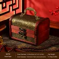Mini vintage wooden storage box with lotus floral carving and bronze handle, red wood finish. - Lotus Pattern (6076I)