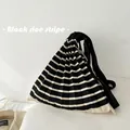Elegant black and beige striped pleated knitted accordion style women's shoulder bag - One Size / Black & Beige Striped