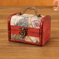 Vintage wooden treasure chest storage box with retro map print and sturdy metal handle - Map Style (6076C)
