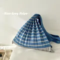 Korean style blue and grey striped knitted pleated shoulder bag with accordion design - One Size / Blue Grey Striped