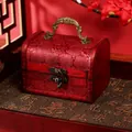 Medium vintage red wooden treasure chest with handle for storage or wedding gift box - Double Happiness Style (6076K)
