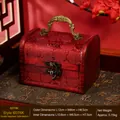 Medium vintage red wooden treasure chest with handle for storage or wedding gift box - Double Happiness Style (6076K)