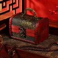 Handcrafted antique style wooden treasure chest with floral pattern and sturdy metal handle - Golden Grape Pattern