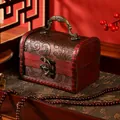 Antique style wooden jewelry box with decorative floral pattern and metal handle 12cm - Grass Flower Style (6076B)