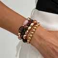 Stacked men's punk style bracelet set featuring gold beads and dark resin stones - 4-Layer Stacked Beaded Bracelet Set (07376) / Gold