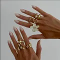 Modisches goldenes Ring-Set mit Perlen und Blumen für persönlichen Modestil-Look - Größe 115 / Ring-Set im Meeresstil (07550) / Hellgold