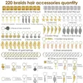 Set of 220 DIY Braid Hair Accessories in Gold and Silver with 15 Different Styles - 15 Styles Mixed (Blue Buckle Storage Box) / 220 Pieces
