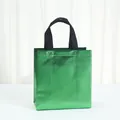 Macro view of metallic green laser non-woven gift bag with black handles - Laser Green