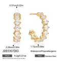 Close-up view of gold C-shaped hoop earrings with CZ stones and detailed dimensions. - Round Zirconia Style (JDE0307083) / Gold