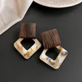 Vintage style wooden and marble resin diamond pendant stud earrings for women fashion accessory - Silver Earring Post Style / White