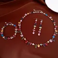 Luxuriöses, buntes, geometrisches Zirkon-Schmuckset bestehend aus Halskette, Armband und Ohrringen - Halskette Armband Ohrring 3er Set / Silber - Regenbogen