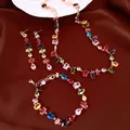Elegante conjunto de joyas de circón de colores con collar, pendientes y pulsera. - Conjunto de 3 Piezas Collar Pulsera y Pendientes / Dorado-Multicolor