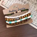 Detailed view of retro beaded bracelet set with wood and stone beads on a display card - Oval Design (5-Piece Set) / One Size / Coffee-Khaki