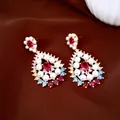 Elegant luxury gold dangle earrings with white pearls and vibrant red zircon stones accent - Earrings Only (Without Necklace) / Gold