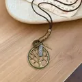 Detail view of ethnic style leather necklace with bronze Tree of Life and cross charms - Tree of Life Cross Style (4#)