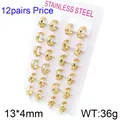 Set of 12 pairs gold faceted 13mm stainless steel unisex small geometric hoop earrings - 12 Pairs Set Ear Buckle (KE120222-XY) / 12 Pairs Set / Gold