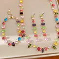 Conjunto de joyas reales de circonio multicolor con collar, pulsera y pendientes - Juego de 3 piezas (collar+pulsera+pendientes) / Dorado-Multicolor