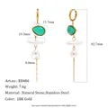 Detail view of 18K gold plated stainless steel fringe earrings with size specifications - Gold with Green Pendant