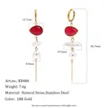 18K gold plated stainless steel drop earrings with red water-drop stone and white pearls - Gold with Red Pendant