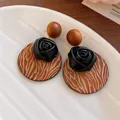 Elegant bohemian style wooden earrings featuring black leather rose flower on a plate - Rose Wood Disc Stud Earrings / Coffee with Black