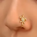 Vintage gold turtle fake nose ring clip with sparkling zircons non-pierced jewelry - Sea Turtle Style (11619)