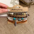 Vintage bohemian multi-layer bracelet set featuring wooden beads and silver feather charm - Silver Brown Orange Feather / 6-Piece Set