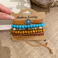 Bohemian multi-layer bracelet set featuring wooden beads and turquoise-colored stones - Blue Brown Oval / Five-Piece Set