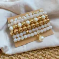 Luxury 5-piece gold and pearl beaded bracelet set with elegant heart and pearl charm - 6-Piece / Gold-Beige