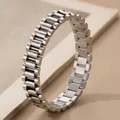 Detail showing the refined brushed finish of this titanium steel watch-link style bracelet - 12mm Three-Bead Straight Bracelet (51-E-3) / 12mm / Silver