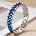 Luxury titanium steel watch band style bracelet featuring vibrant blue metallic links - 12mm Three-Bead Straight Bracelet (51-E-5) / 12mm / Steel Blue