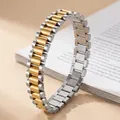 Close-up detail of two-tone titanium steel watch link bracelet with a fine polished finish - 12mm Three-Bead Straight Bracelet (51-E-6) / 12mm / Two-Tone Gold