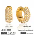 Close-up of gold stainless steel hoop earrings with sparkling pave crystal inlay - Wide Pave Rhinestone Hoop Style (JDE0310002) / Gold