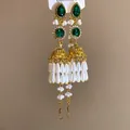 Boucles d'oreilles Jhumka vintage de luxe avec pierres vert émeraude et pompons de perles - Crochets d'Oreilles Glands en Perles Artificielles de Luxe (5#) / Ensemble deux pièces / Or-Vert