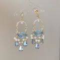 Boucles d'oreilles vintage dorées à pampilles avec gouttes de cristal bleu - Crochets d'Oreilles à Glands Goutte d'Eau en Cristal Bleu Ciel Vintage (61#) / Or-Bleu