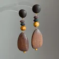 Boucles d'oreilles vintage en bois naturel et perles de pierre de lave poreuse - Crochets d'Oreilles Longs Goutte d'Eau en Bois et Pierre Volcanique (71#) / Marron