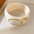 Elegant cream marble resin bangle bracelet featuring a gold-toned framed oval cabochon detail - Geometric Open Style (46#)
